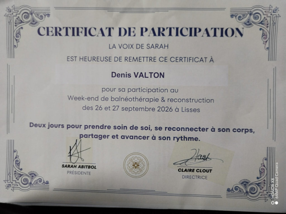 certificat de participation Denis Valton Les voix de Sarah Atelier